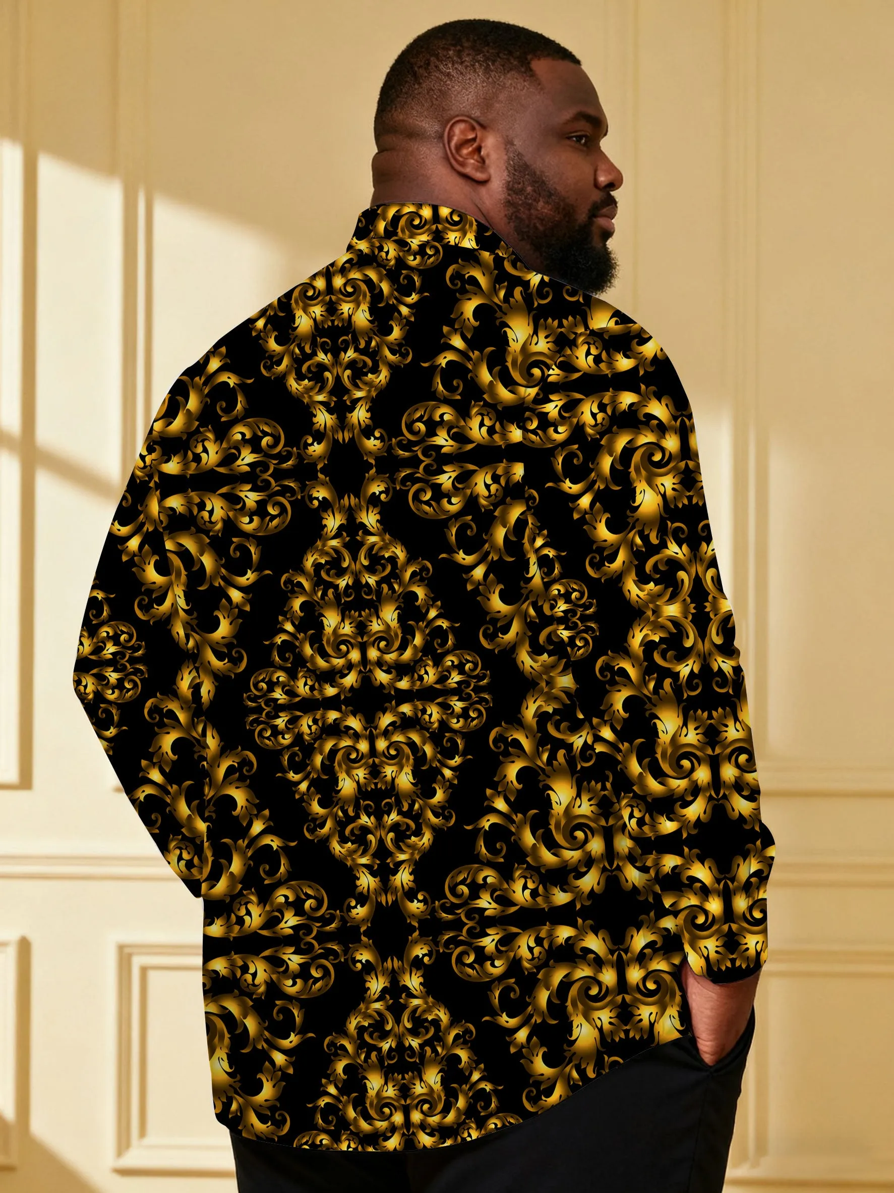 Men's Plus Size Black Baroque Glitter Sequin Long Sleeve Lap Shirt sold by Biggmans product image thumbnail 2