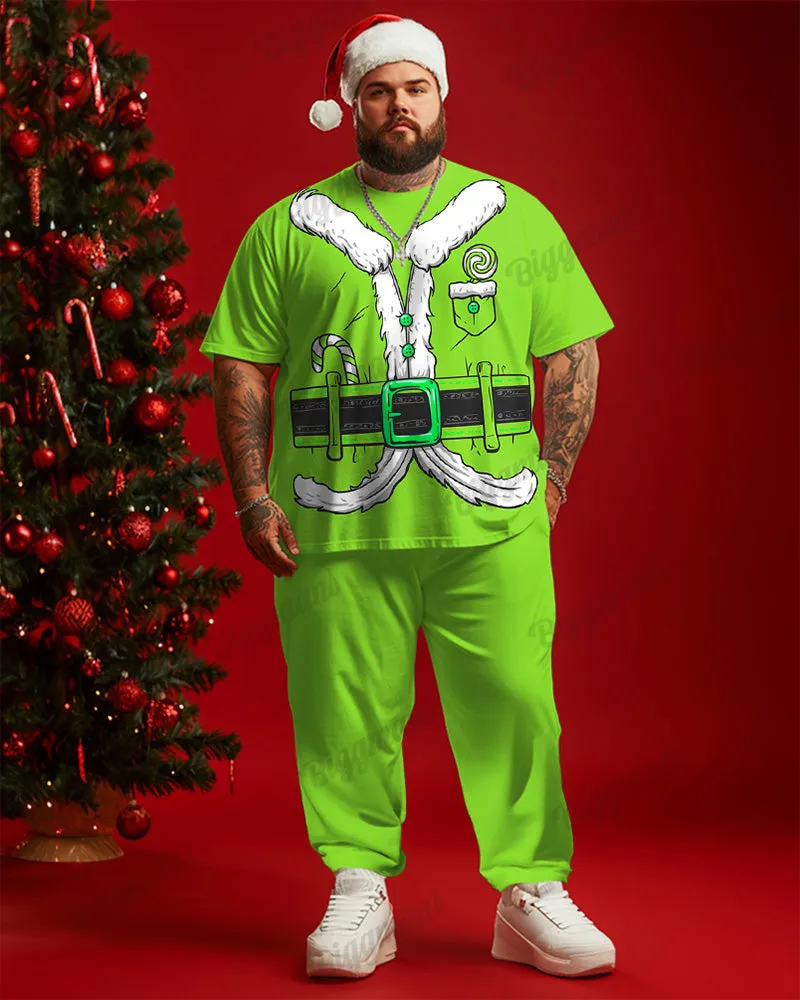 Men's Plus Size Christmas Green Santa Cosplay Printed T-Shirt Trousers Suit sold by Biggmans