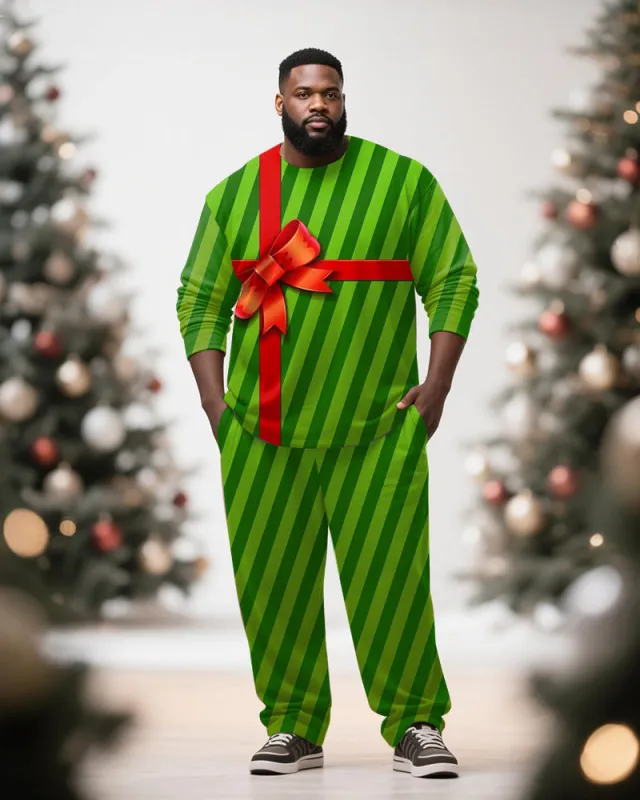 Big & Tall Men's Christmas Gift Green Stripe Printed Long Sleeve T-Shirt Pants Set sold by Biggmans