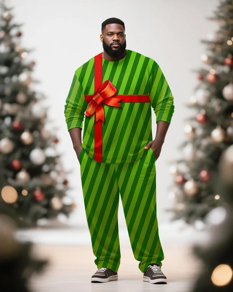 Big & Tall Men's Christmas Gift Green Stripe Printed Long Sleeve T-Shirt Pants Set sold by Biggmans