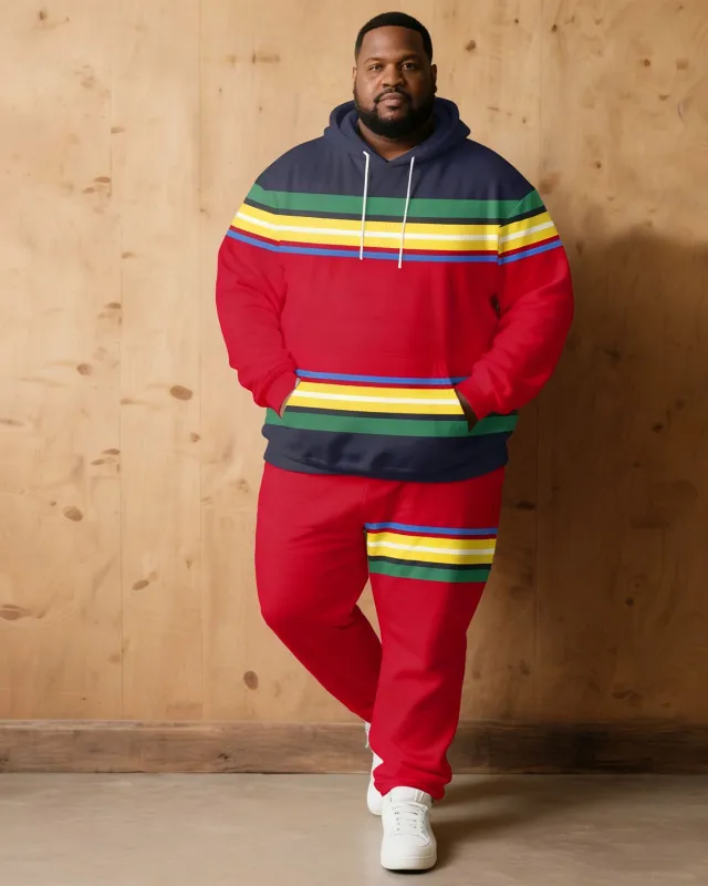 Large Size Men's Autumn And Winter Warm Cold-proof Brown Red & Rainbow Color Contrast Hoodie Sweatpants Set sold by Biggmans