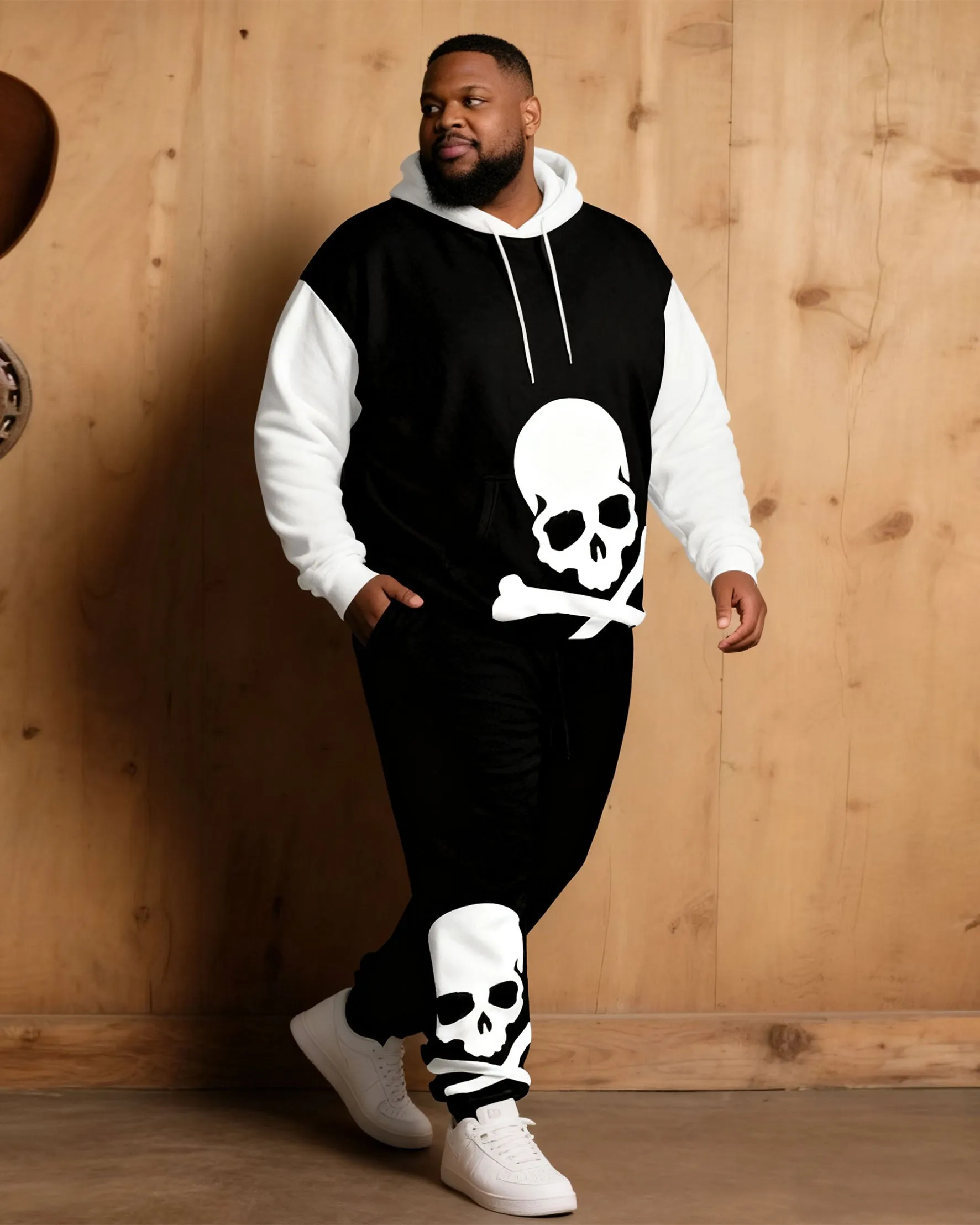 Large Size Men's Autumn And Winter Warm Cold-proof Black & White Sleeves Contrast Color Skull Figure Printed Hoodie Sweatpants Set sold by Biggmans product image thumbnail 4