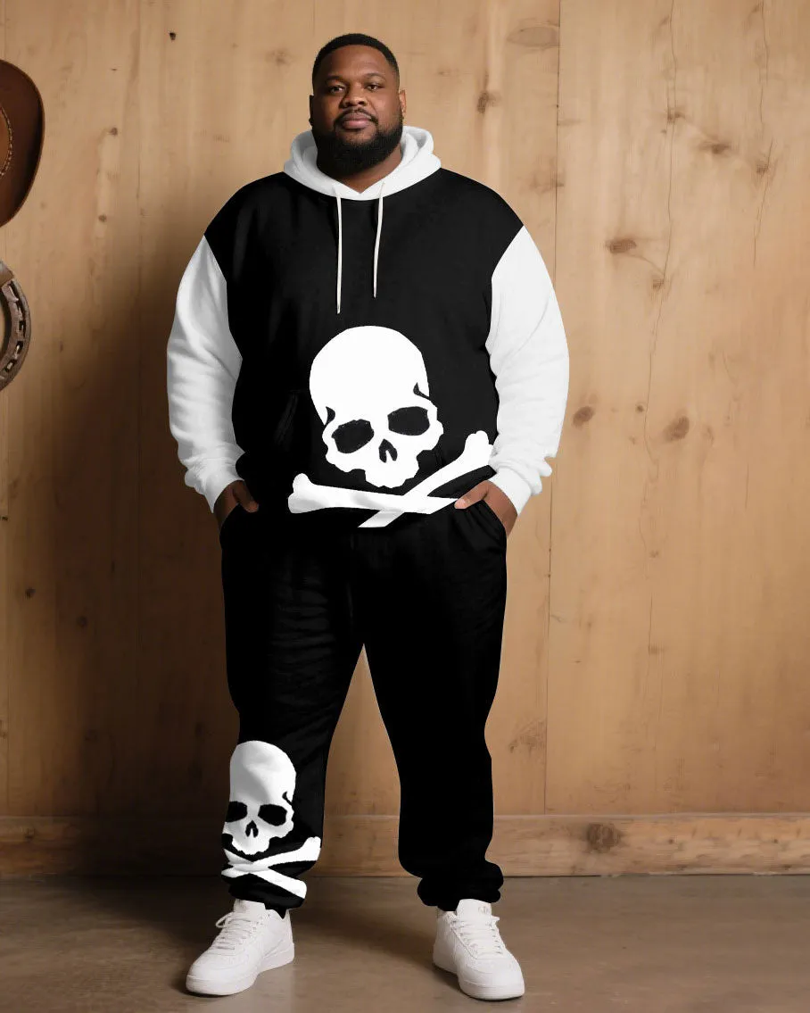 Large Size Men's Autumn And Winter Warm Cold-proof Black & White Sleeves Contrast Color Skull Figure Printed Hoodie Sweatpants Set sold by Biggmans product image thumbnail 2