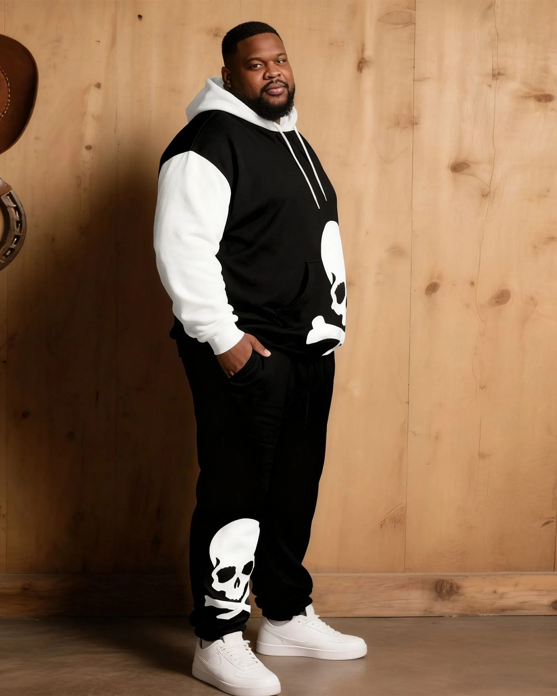 Large Size Men's Autumn And Winter Warm Cold-proof Black & White Sleeves Contrast Color Skull Figure Printed Hoodie Sweatpants Set sold by Biggmans product image thumbnail 5