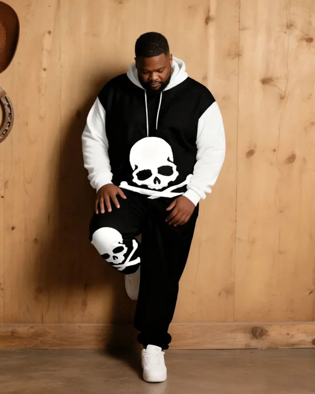 Large Size Men's Autumn And Winter Warm Cold-proof Black & White Sleeves Contrast Color Skull Figure Printed Hoodie Sweatpants Set sold by Biggmans