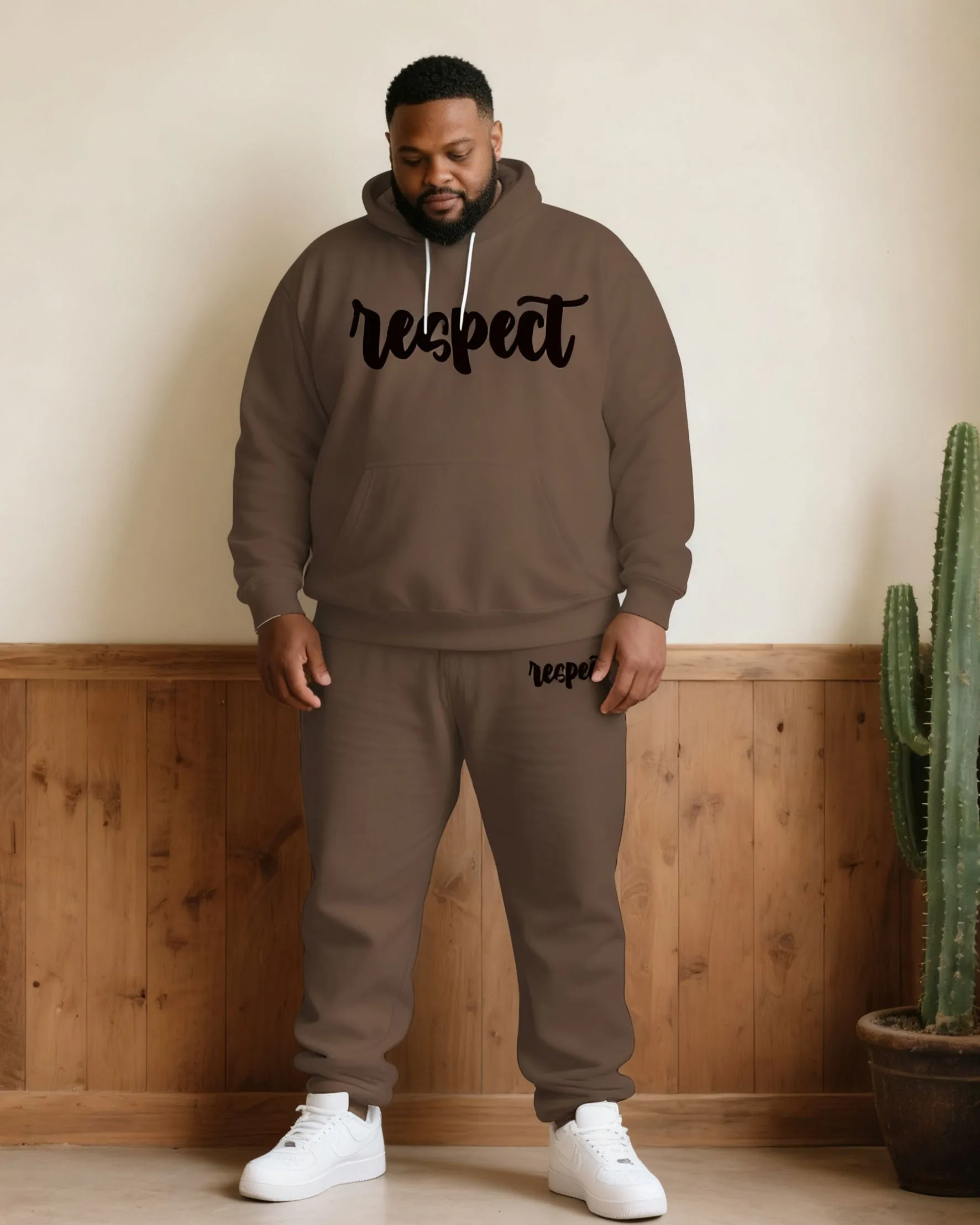Large Size Men's Autumn And Winter Warm Cold-proof Brown "respect" Slogan Printed Hoodie Sweatpants Set sold by Biggmans product image thumbnail 4