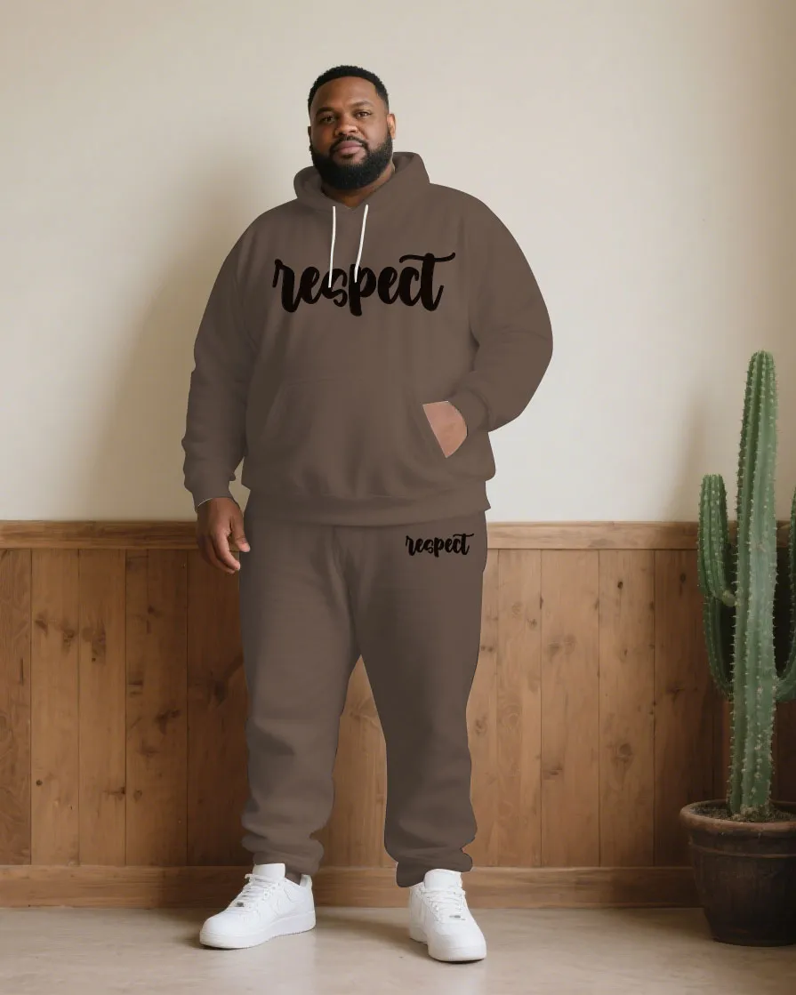 Large Size Men's Autumn And Winter Warm Cold-proof Brown "respect" Slogan Printed Hoodie Sweatpants Set sold by Biggmans product image thumbnail 2
