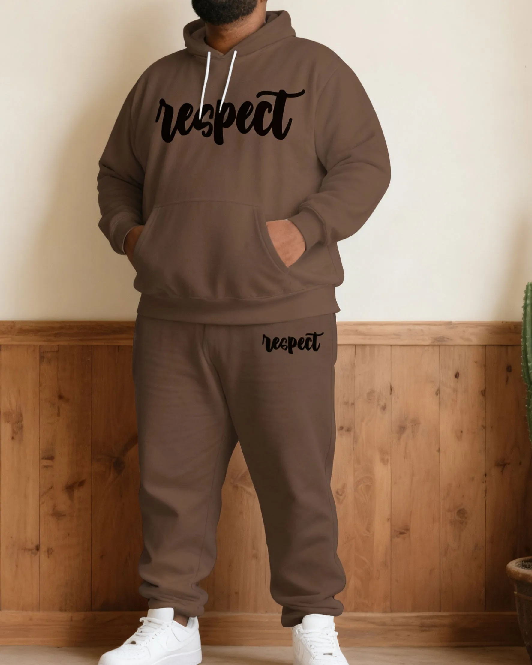 Large Size Men's Autumn And Winter Warm Cold-proof Brown "respect" Slogan Printed Hoodie Sweatpants Set sold by Biggmans product image thumbnail 5