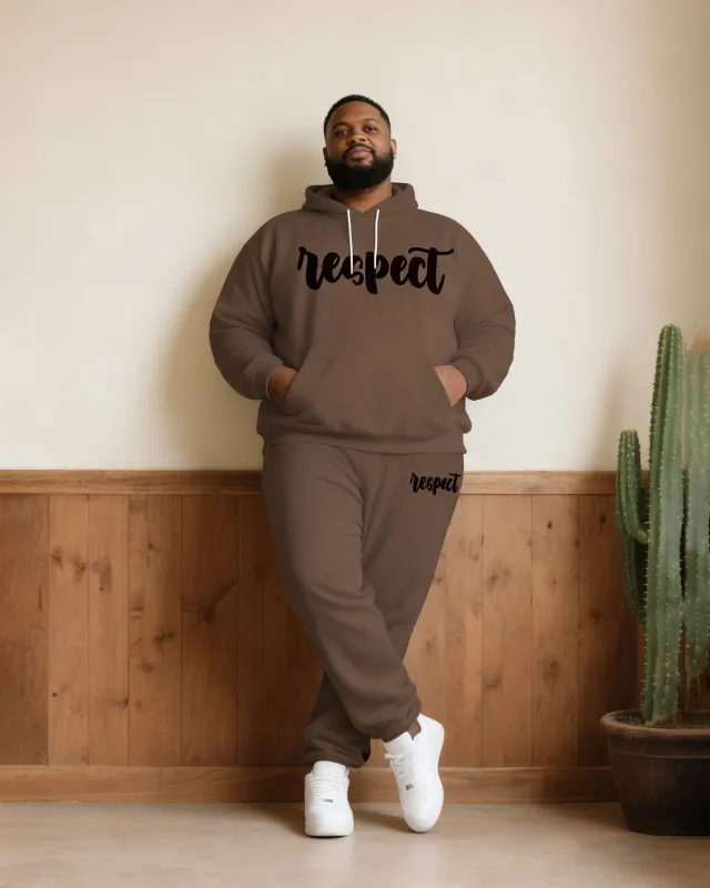 Large Size Men's Autumn And Winter Warm Cold-proof Brown "respect" Slogan Printed Hoodie Sweatpants Set sold by Biggmans