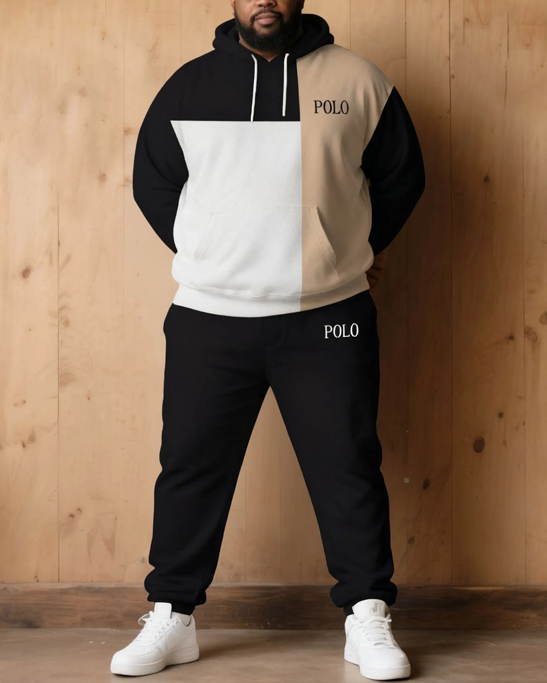 Large Size Men's Autumn And Winter Warm Cold-proof Contrast Color Stitching Chest Slogan Printed Hoodie Sweatpants Set sold by Biggmans product image thumbnail 5