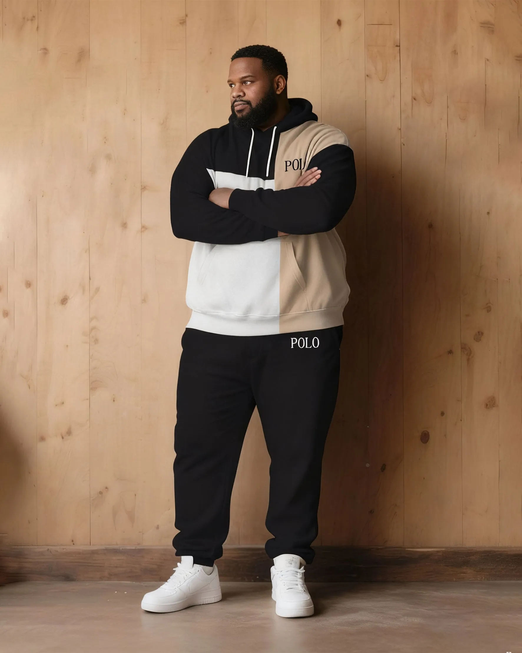 Large Size Men's Autumn And Winter Warm Cold-proof Contrast Color Stitching Chest Slogan Printed Hoodie Sweatpants Set sold by Biggmans product image thumbnail 2