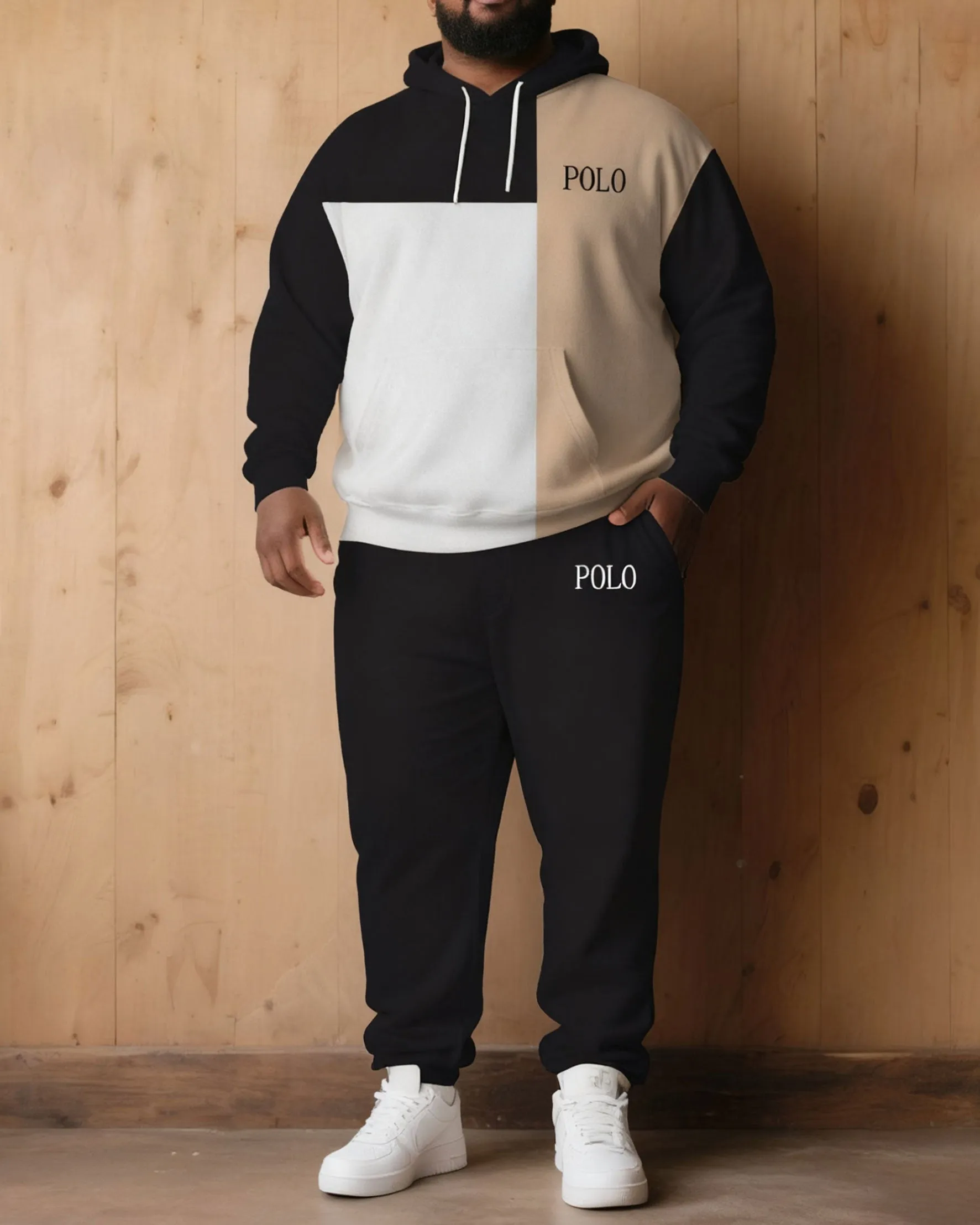Large Size Men's Autumn And Winter Warm Cold-proof Contrast Color Stitching Chest Slogan Printed Hoodie Sweatpants Set sold by Biggmans product image thumbnail 4