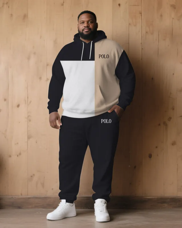 Large Size Men's Autumn And Winter Warm Cold-proof Contrast Color Stitching Chest Slogan Printed Hoodie Sweatpants Set sold by Biggmans