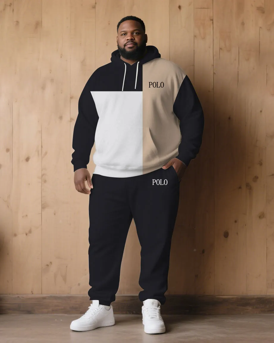 Large Size Men's Autumn And Winter Warm Cold-proof Contrast Color Stitching Chest Slogan Printed Hoodie Sweatpants Set sold by Biggmans