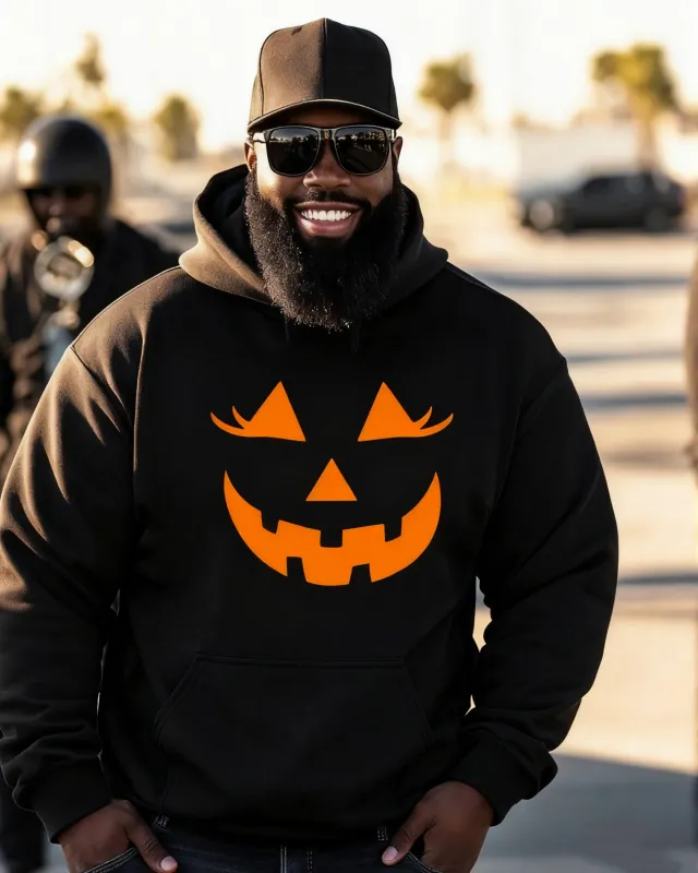 Big & Tall Men's Halloween Pumpkin Face Print Long Sleeve Hoodie sold by Biggmans