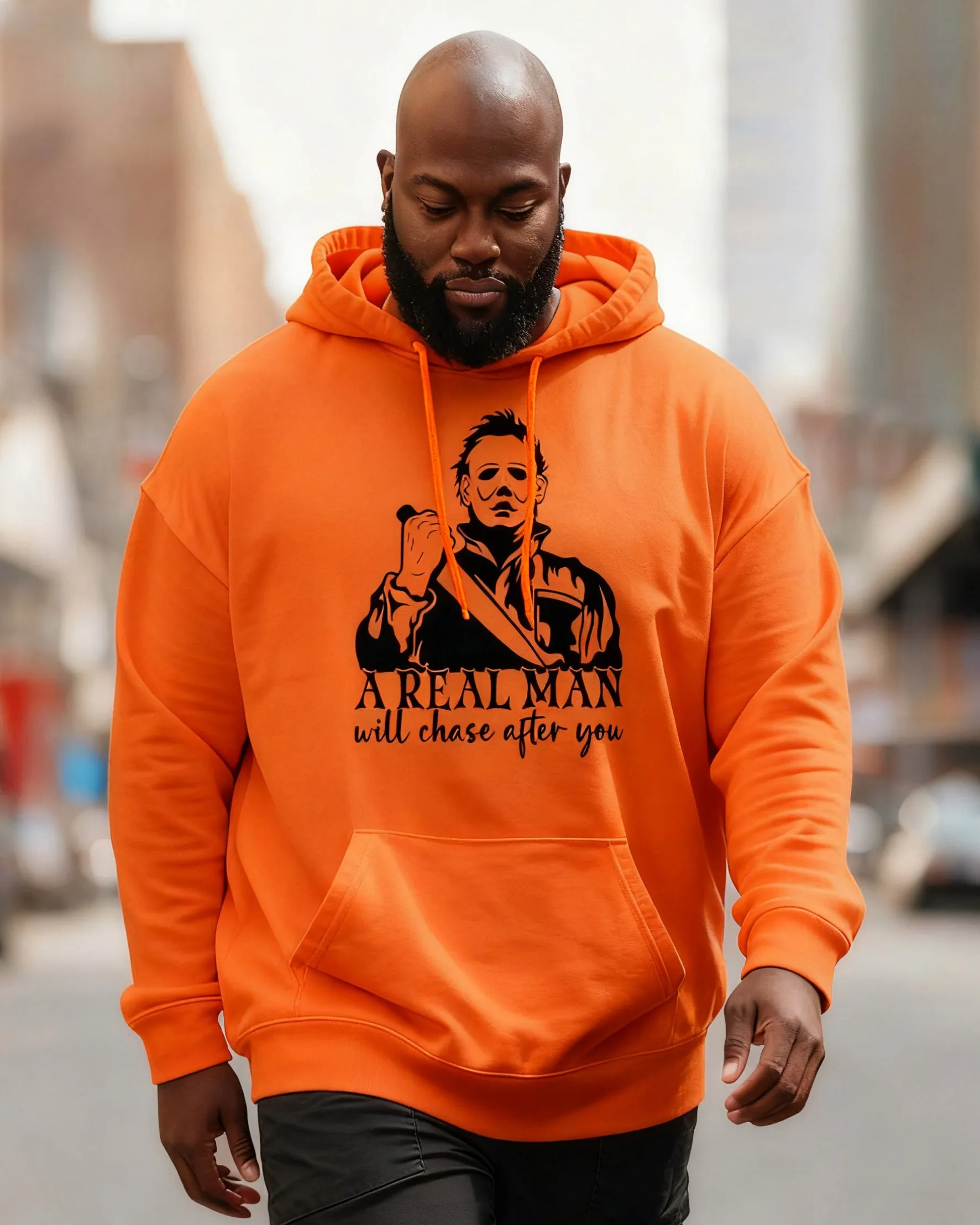 Big & Tall Men's Halloween A Real Man Will Chase After You Long Sleeve Hoodie sold by Biggmans