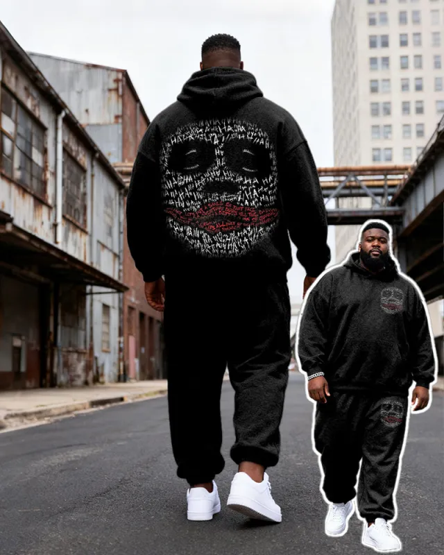 Big & Tall Men's Black Ha Skull Letter Graffiti Print Hoodie Set sold by Biggmans