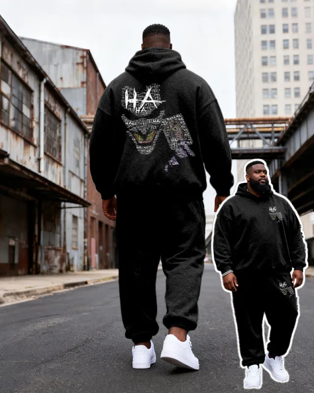 Big & Tall Men's Black Ha Skull Letter Graffiti Print Hoodie Set sold by Biggmans