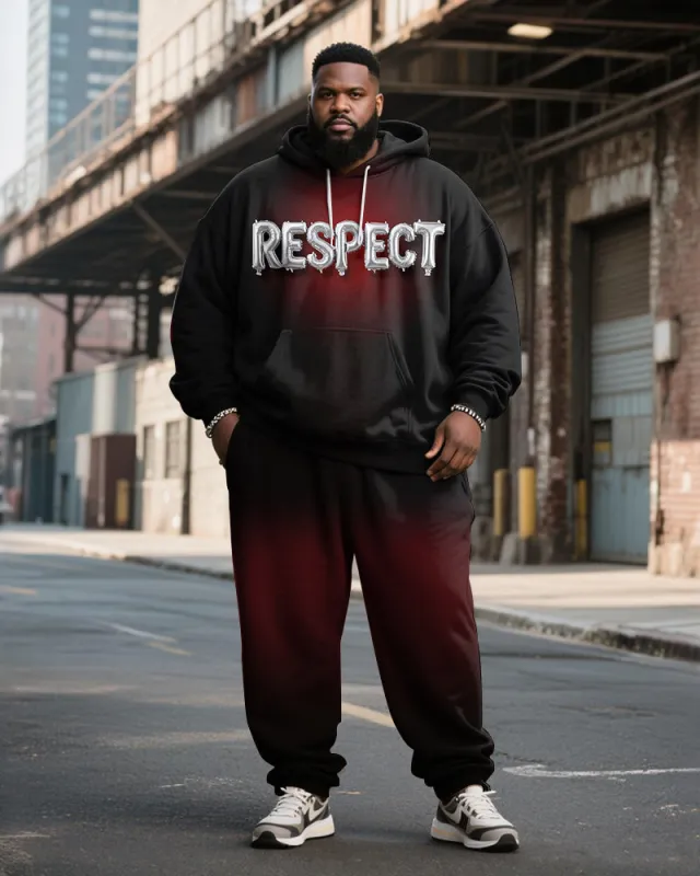 Big & Tall Men's Black And Red Gradient Respect Letter Print Hoodie Set sold by Biggmans