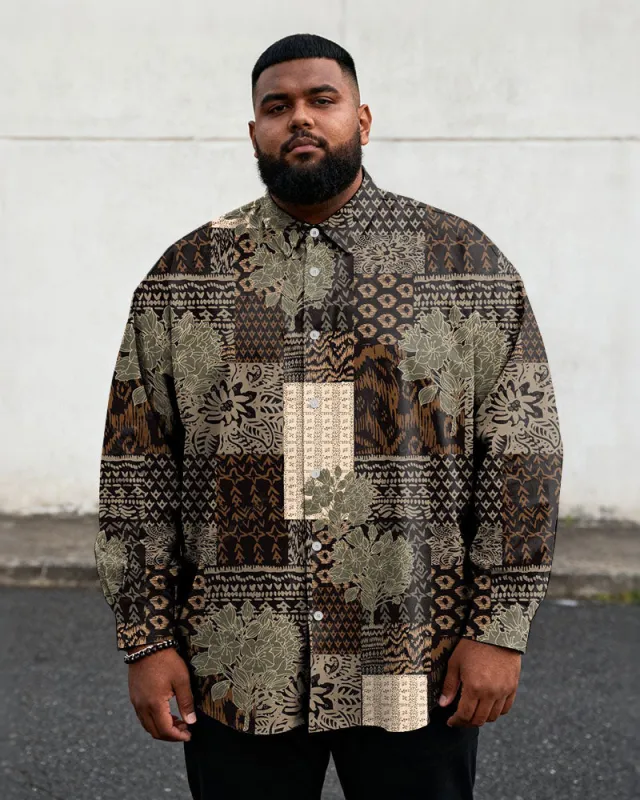 Big & Tall Men's Vintage Brown Geometric Floral Print Long Sleeve Shirt sold by Biggmans