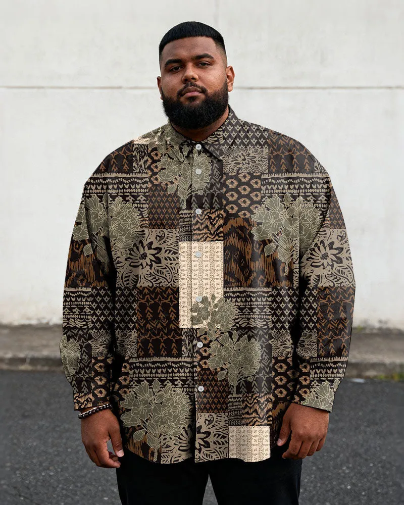 Big & Tall Men's Vintage Brown Geometric Floral Print Long Sleeve Shirt sold by Biggmans
