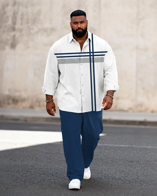 Big & Tall Men's Business Colorblock Striped Print Long Sleeve Shirt Pants Set sold by Biggmans
