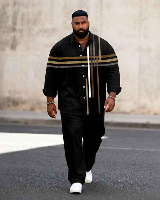 Big & Tall Men's Business Colorblock Striped Print Long Sleeve Shirt Pants Set sold by Biggmans