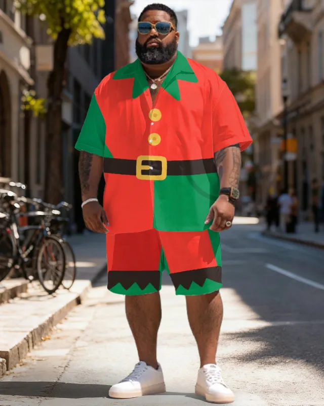Big & Tall Men's Christmas Elf Cosplay Printed Short Sleeve Shirt Shorts Set sold by Biggmans