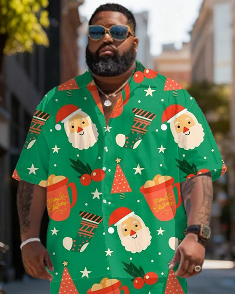 Big & Tall Men's Santa Claus Graffiti Green Print Short Sleeve Shirt Shorts Set sold by Biggmans product image thumbnail 2