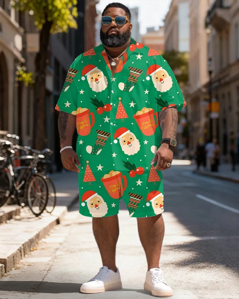 Big & Tall Men's Santa Claus Graffiti Green Print Short Sleeve Shirt Shorts Set sold by Biggmans