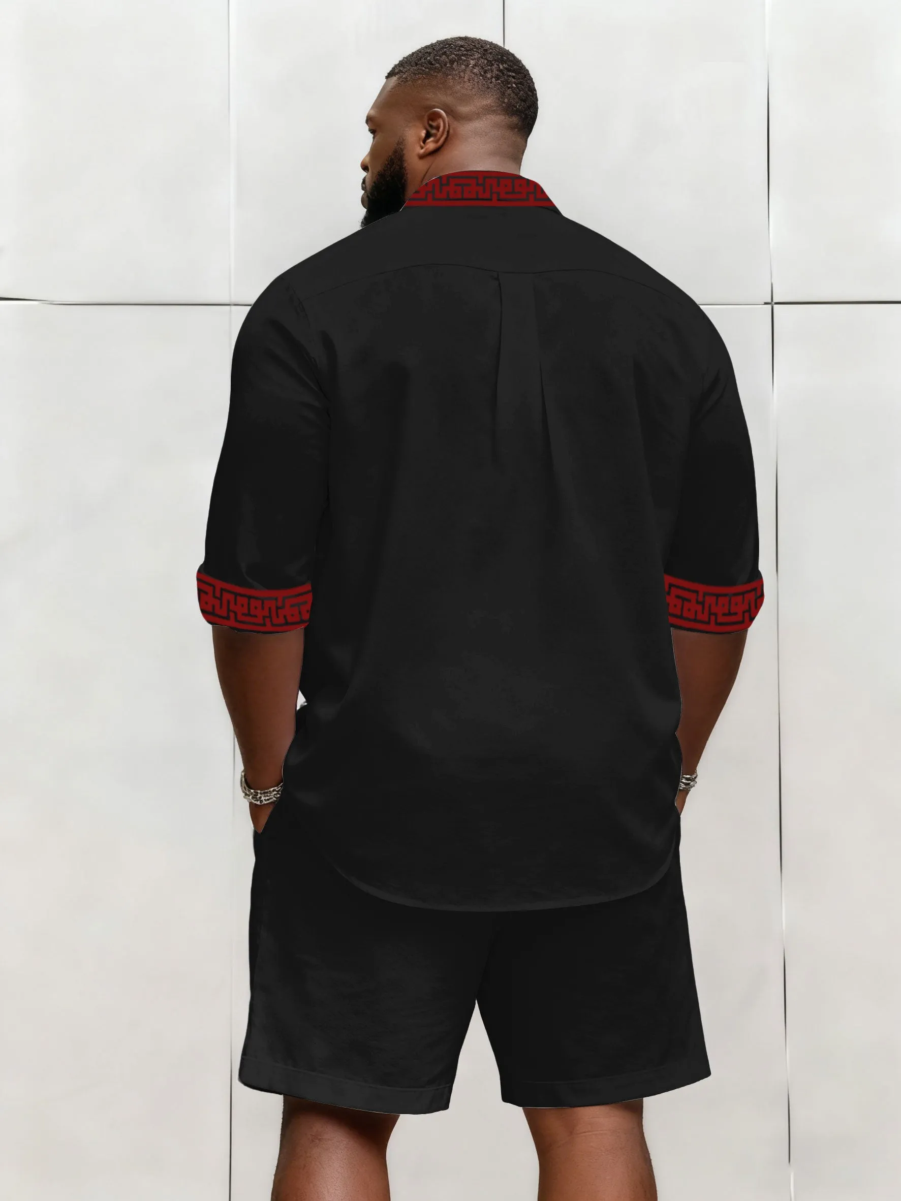 Big & Tall Men's Business Simple Black & Red Geometric Texture Contrast Long Sleeve Shirt Shorts Set sold by Biggmans product image thumbnail 2