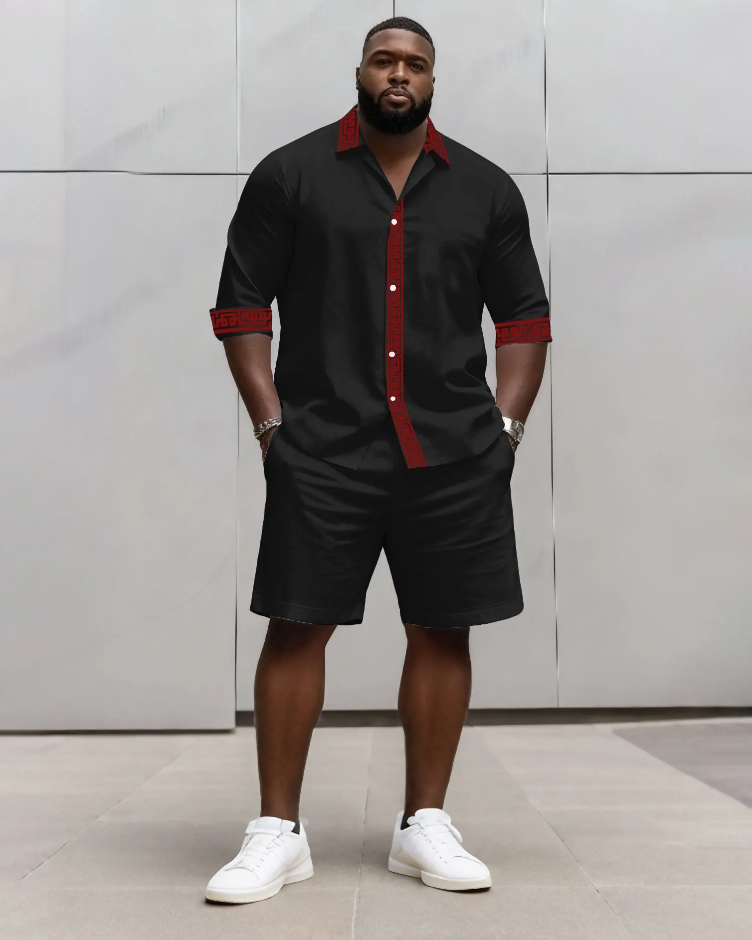 Big & Tall Men's Business Simple Black & Red Geometric Texture Contrast Long Sleeve Shirt Shorts Set sold by Biggmans