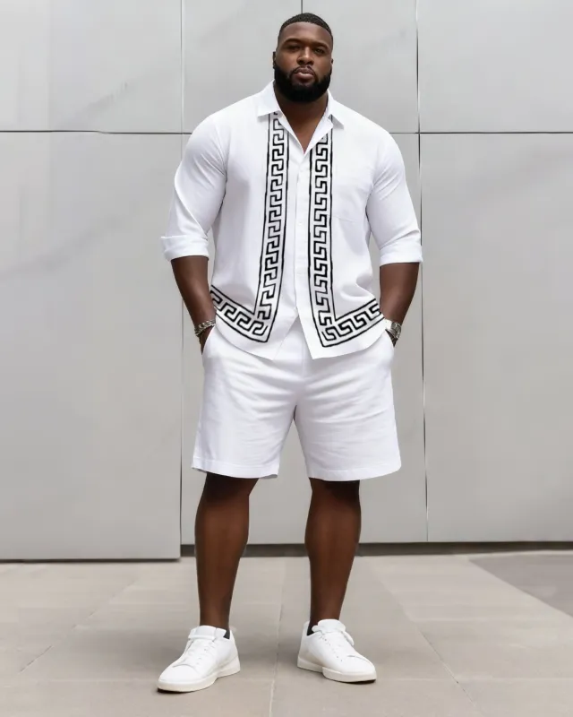 Big & Tall Men's Business Classic Simple Stripes Print Long Sleeve Shirt Shorts Set sold by Biggmans