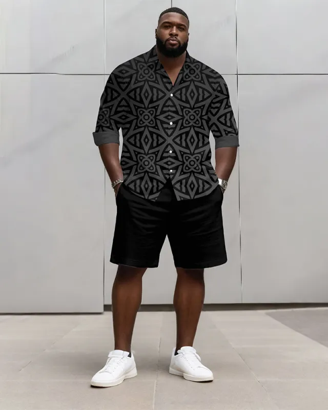 Big & Tall Men's Business Black Geometric Print Long Sleeve Shirt Shorts Set sold by Biggmans