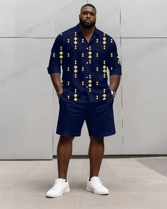 Big & Tall Men's Business Blue Geometric Print Long Sleeve Shirt Shorts Set sold by Biggmans