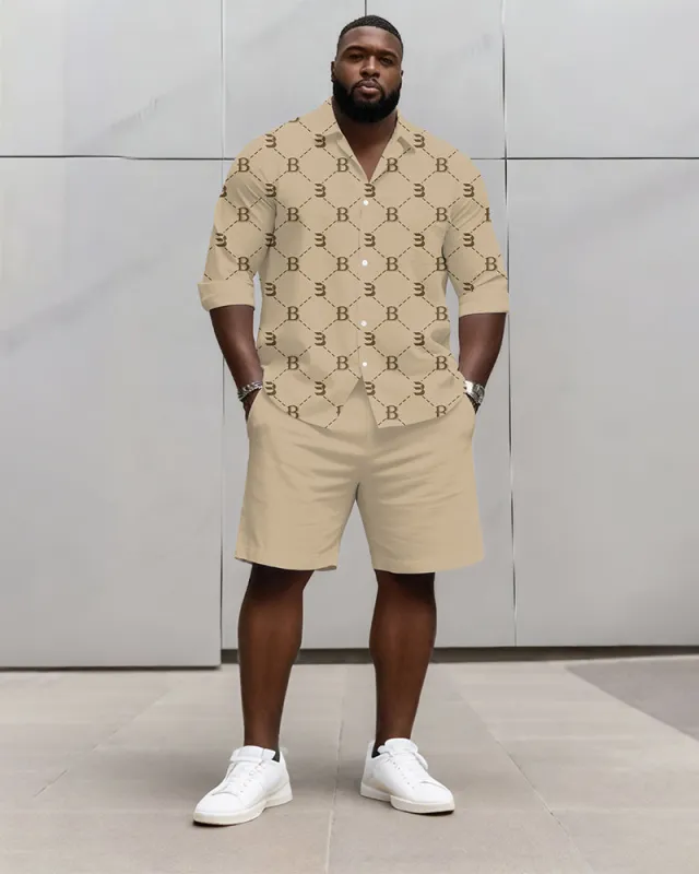 Big & Tall Men's Business Khaki Geometric Letter Print Long Sleeve Shirt Shorts Set sold by Biggmans