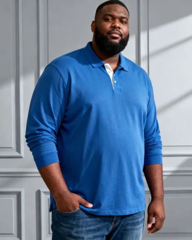 Men's Large Size Four Seasons Blue Neckline Business Color Matching White Pullover Button Stretch POLO Long Sleeve Shirt sold by Biggmans