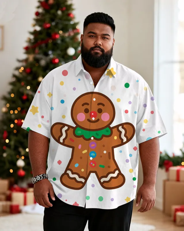 Big & Tall Men's Christmas Polka Dot Gingerbread Man Cartoon Print Short Sleeve Shirt sold by Biggmans