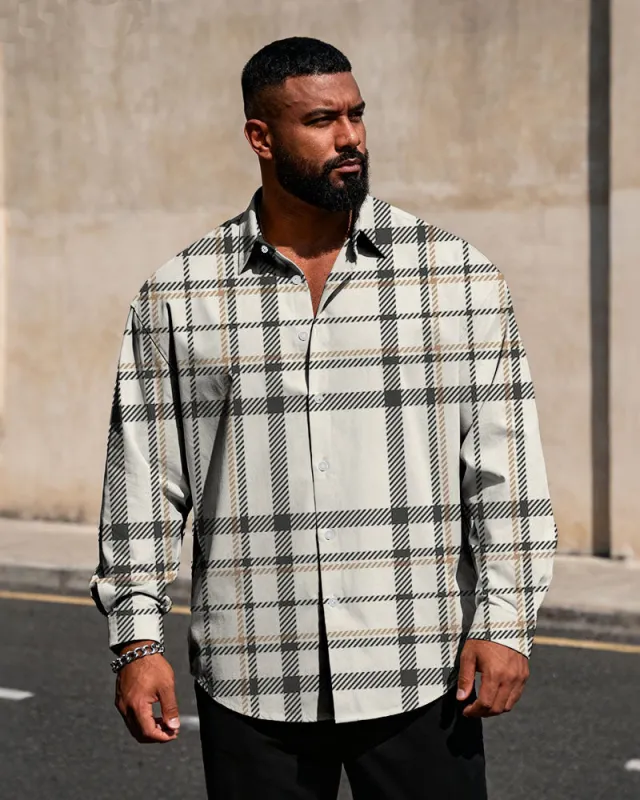 Big & Tall Men's Business Check Rice White Printed Long Sleeve Shirt sold by Biggmans