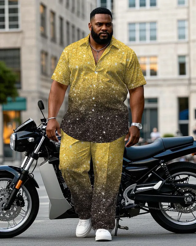 Big Men's Gold & Black Cotton Blend Sequin Christmas Short Sleeve Shirt Trouser Set sold by Biggmans