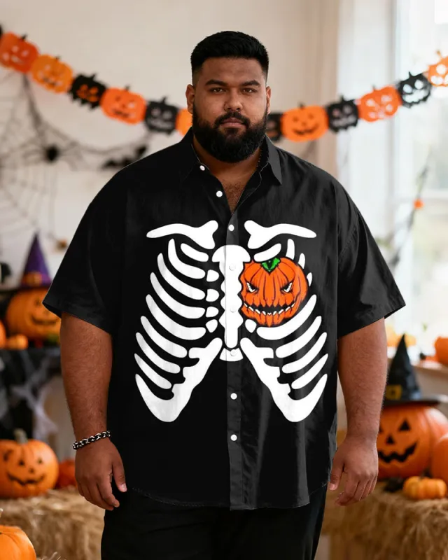 Big & Tall Men's Halloween Skull Pumpkin Print Short Sleeve Shirt sold by Biggmans