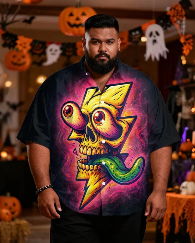 Big & Tall Men's Halloween Funny Lightning Skull Print Short Sleeve Shirt sold by Biggmans