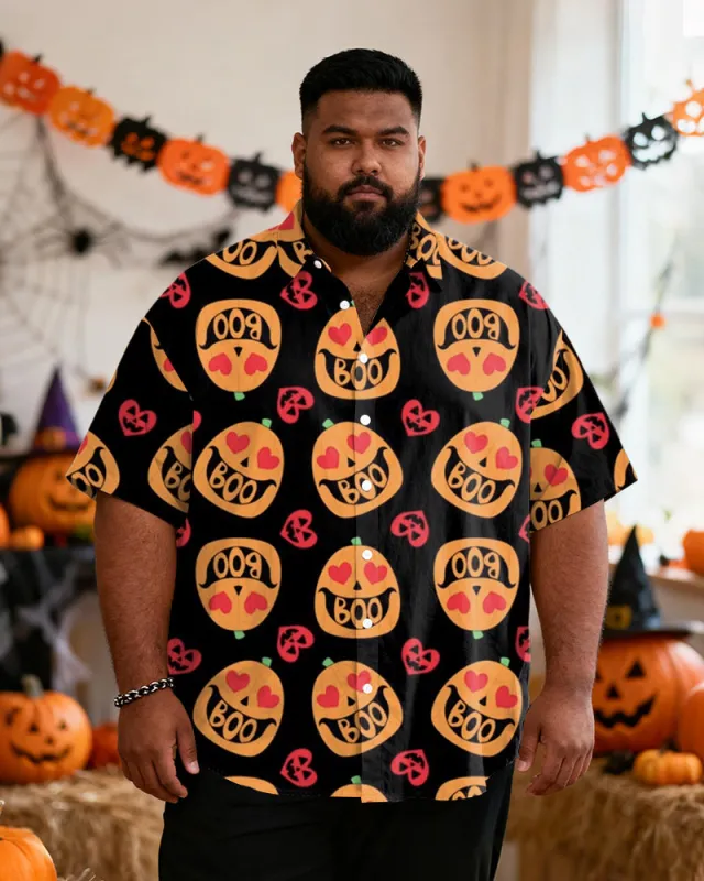 Big & Tall Men's Halloween Love Pumpkin "BOO" Print Short Sleeve Shirt sold by Biggmans