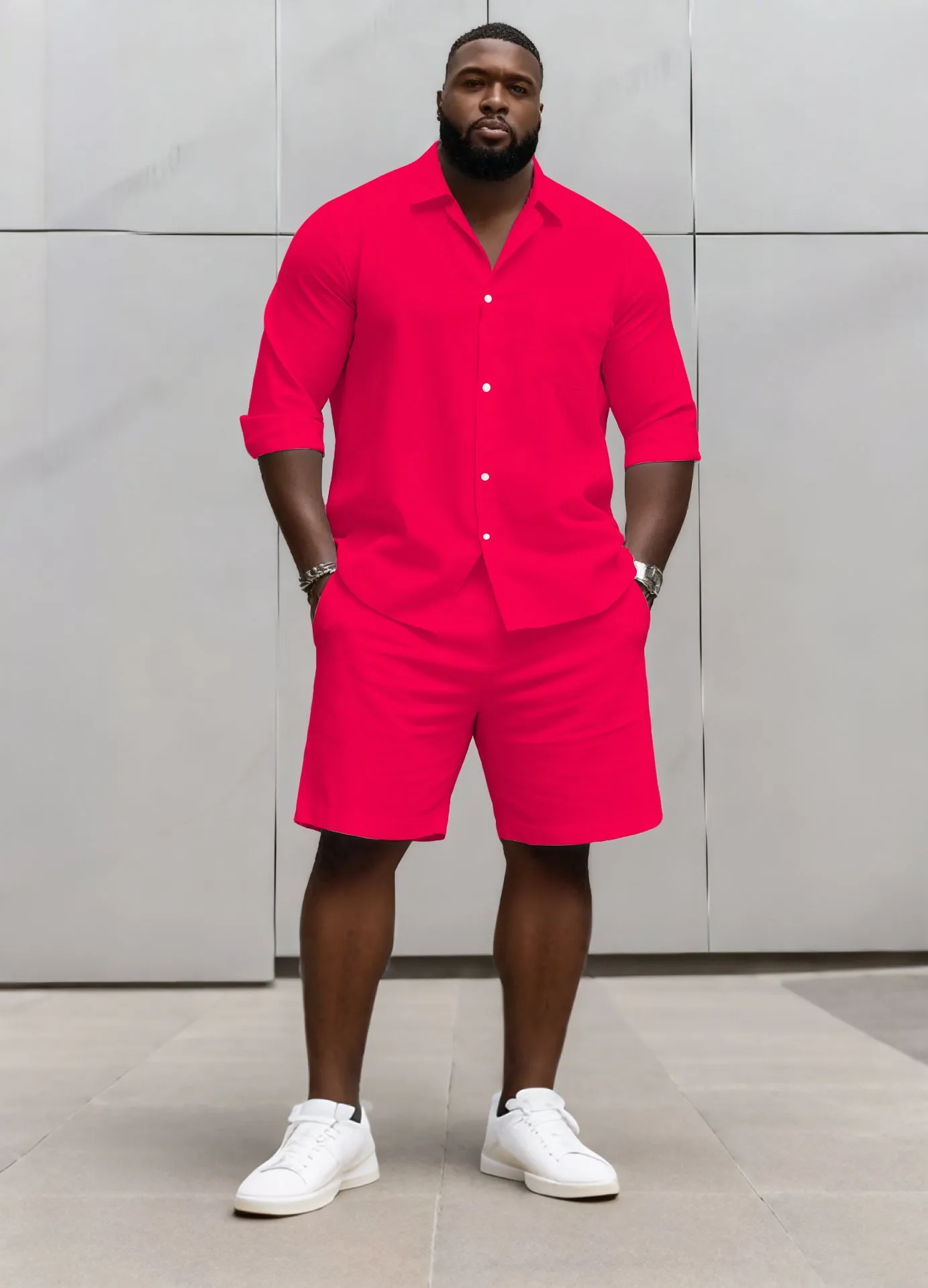Big & Tall Men's Business Solid Color Long Sleeve Shirt Shorts Set sold by Biggmans product image thumbnail 5