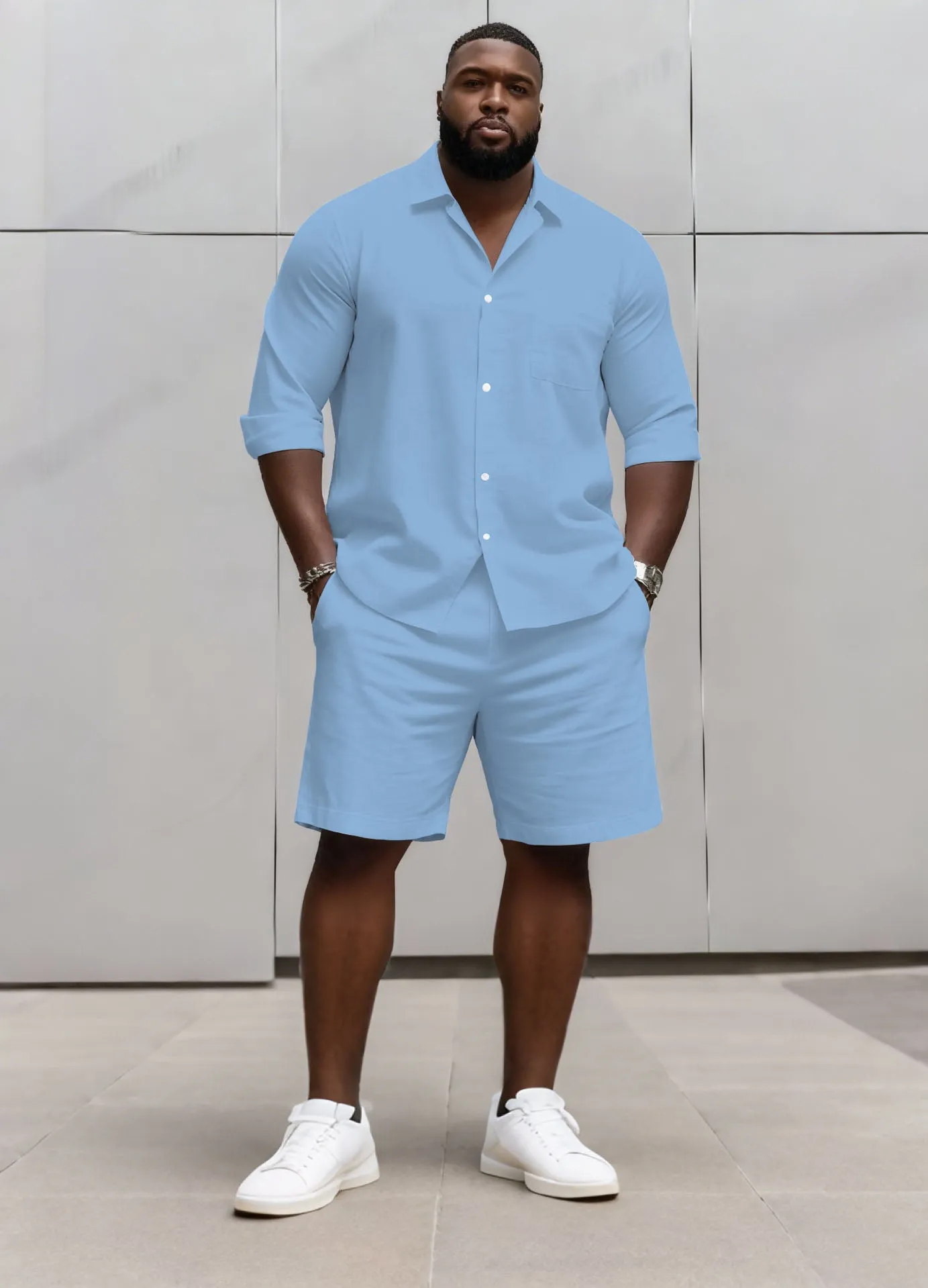 Big & Tall Men's Business Solid Color Long Sleeve Shirt Shorts Set sold by Biggmans product image thumbnail 3