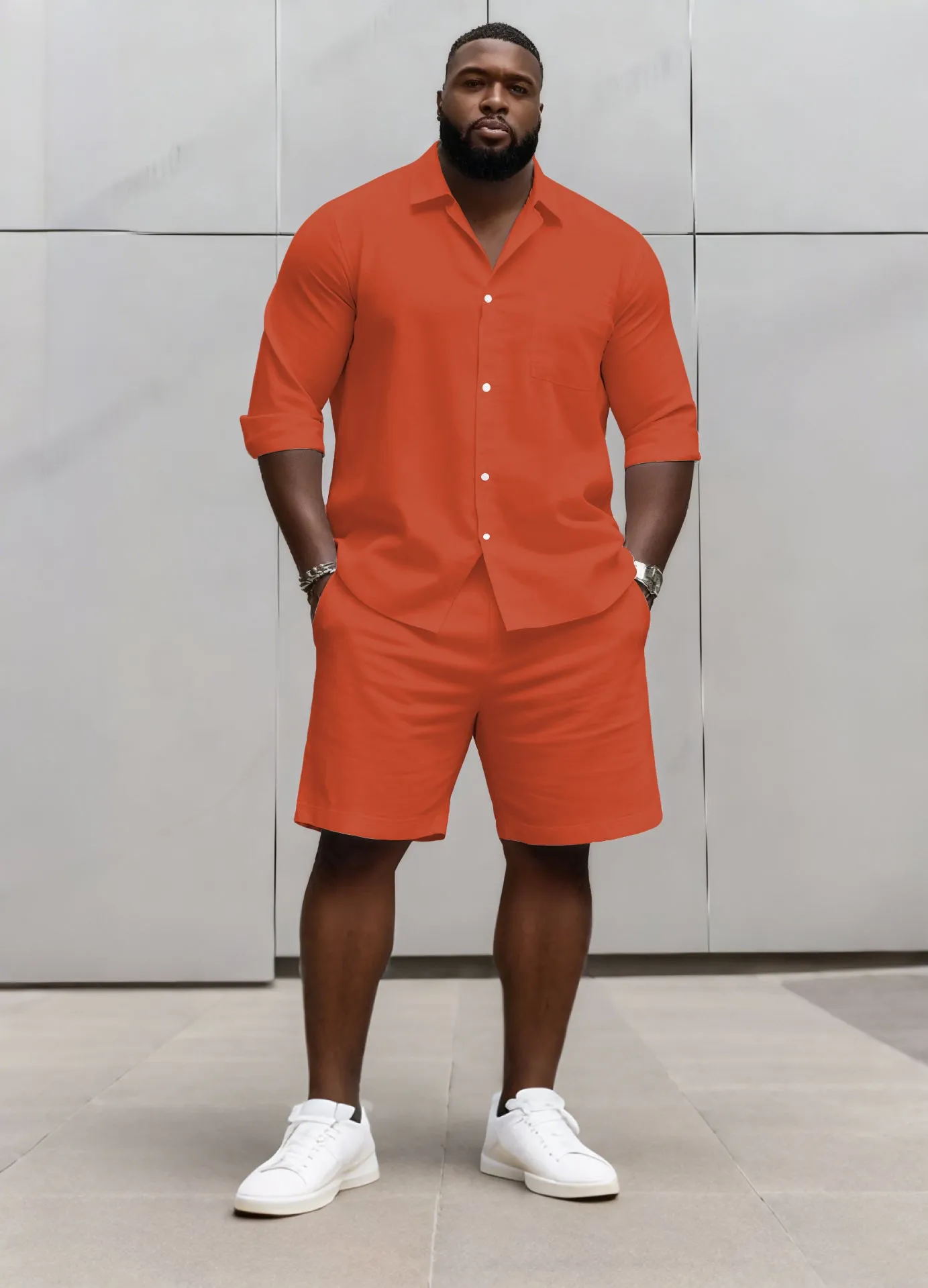 Big & Tall Men's Business Solid Color Long Sleeve Shirt Shorts Set sold by Biggmans product image thumbnail 4