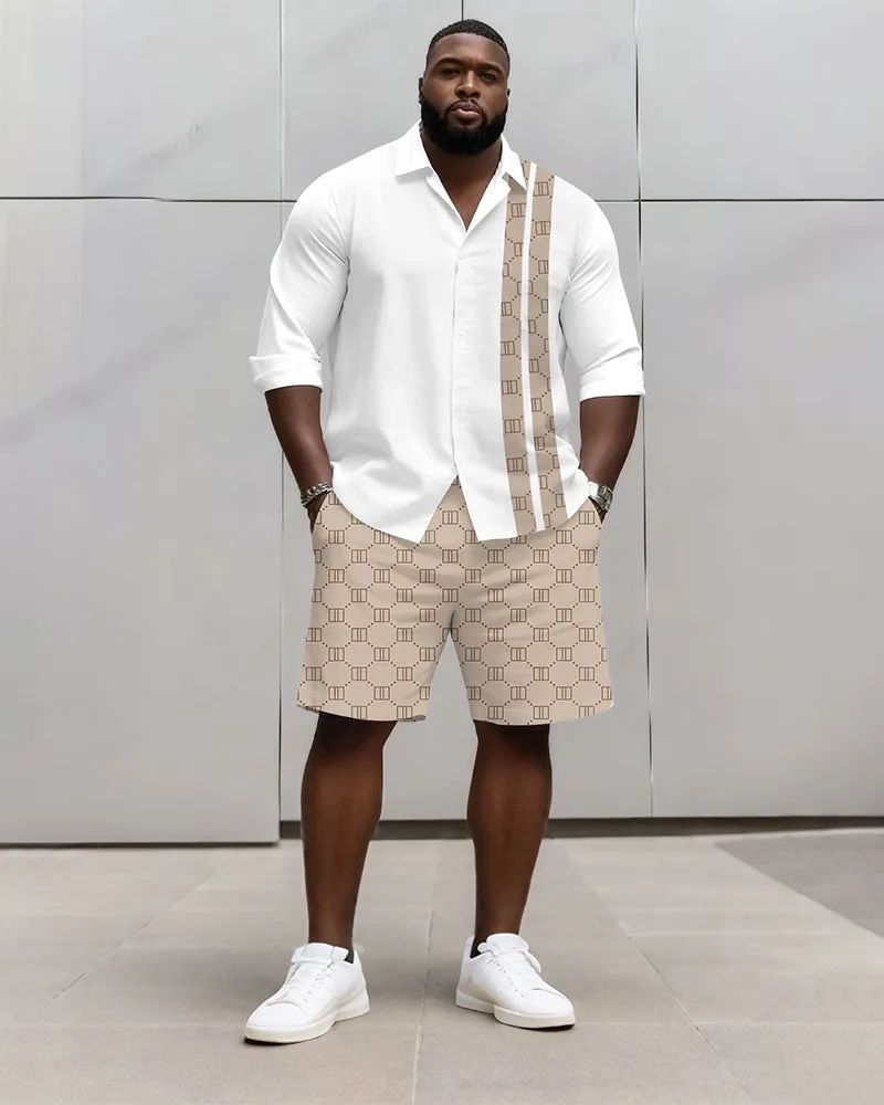 Big & Tall Men's Business Khaki Geometric Stripe Print Long Sleeve Shirt Shorts Set sold by Biggmans