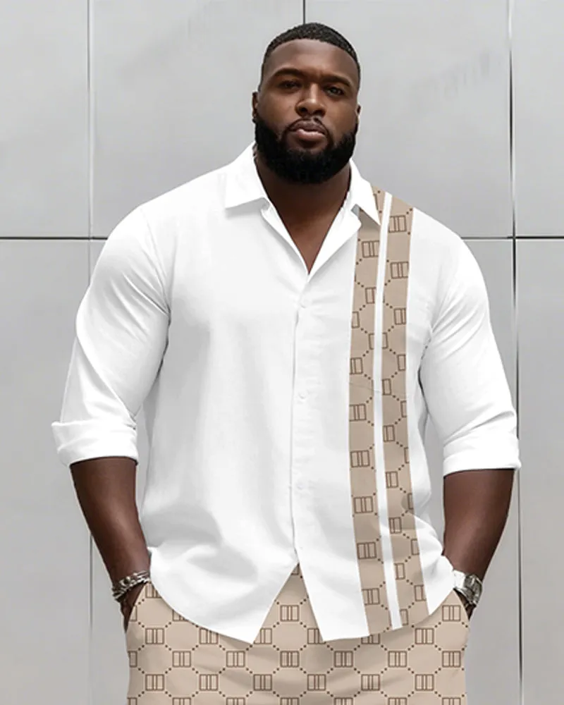 Big & Tall Men's Business Khaki Geometric Stripe Print Long Sleeve Shirt Shorts Set sold by Biggmans product image thumbnail 2