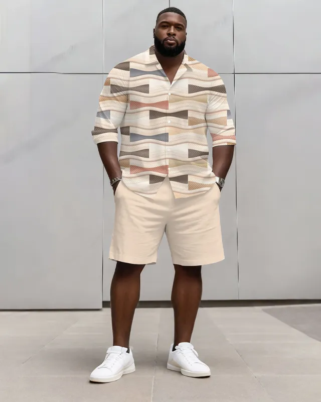Big & Tall Men's Business Apricot Geometric Print Long Sleeve Shirt Shorts Set sold by Biggmans