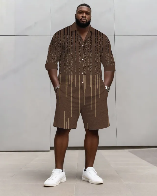 Big & Tall Men's Business Brown Geometric Stripe Print Long Sleeve Shirt Shorts Set sold by Biggmans